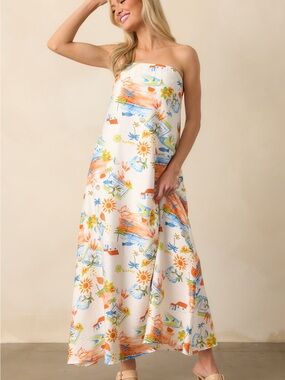Red Dress Boutique Strapless White Maxi Dress with Orange & Blue Tropical Print